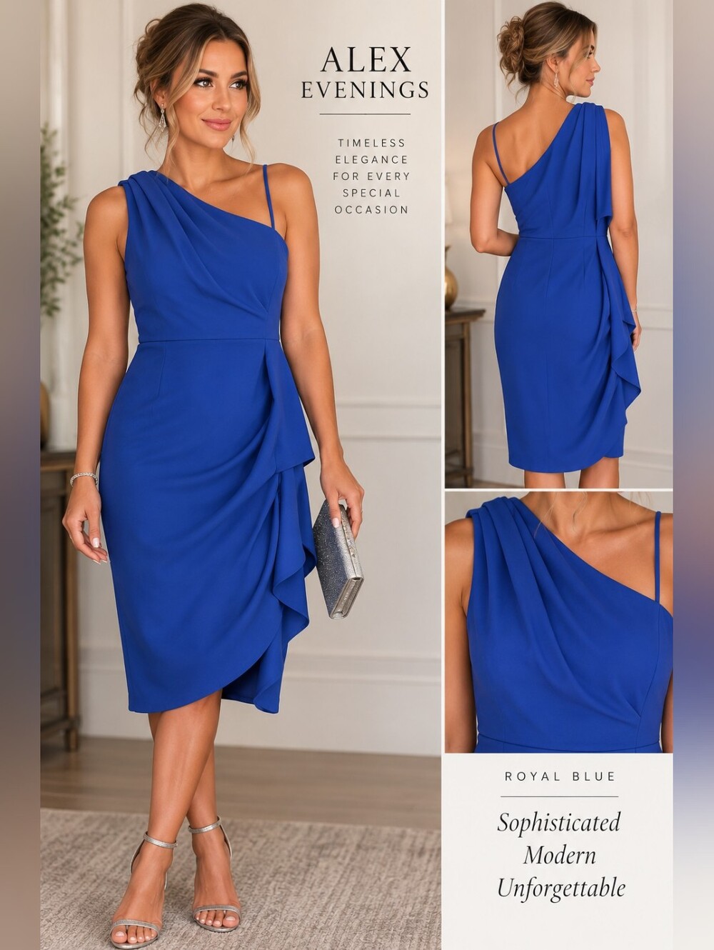 Alex Evenings Royal Blue One Shoulder Draped Cocktail Dress NWT Size 8